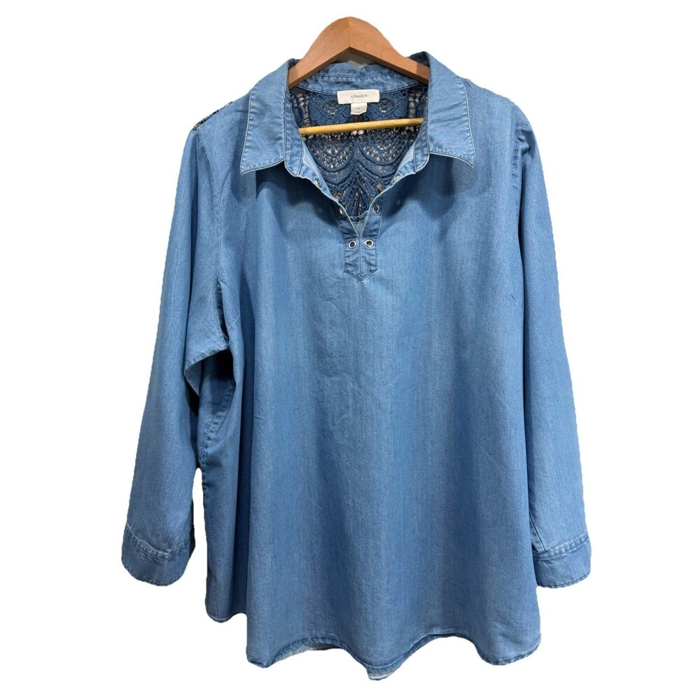 CJ BANKS Womens Plus 2X Blue Denim 3/4 Sleeve Collared Tunic Blouse Back Lace